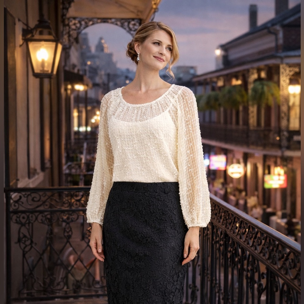 Isaac Mizrahi, Lightest Cream Sequined Blouse, Tank-Lined, Excellent Condition - Picture 4 of 11